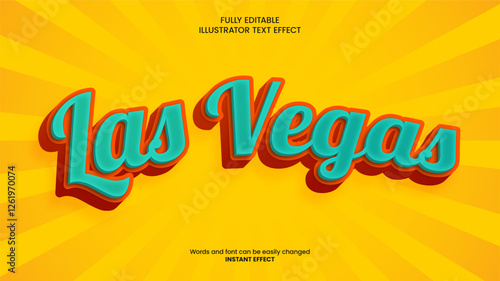 Editable 3D Las Vegas Text Effect with Retro Neon Colors, Bold Typography, and Bright Sunburst Background.