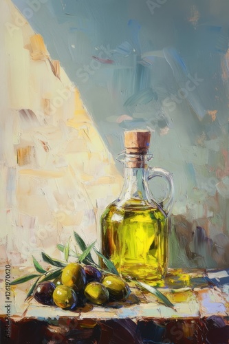 A painting of a bottle of olive oil and a bunch of olives