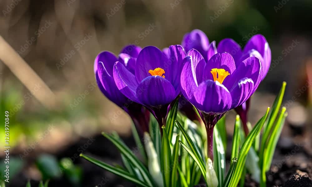 This image showcases a delightful cluster of purple crocuses blooming in the warm spring sun, symbolizing renewal and beauty in nature. This image showcases a delightful cluster of purple crocuses blooming in the warm spring sun, symbolizing renewal and beauty in nature.