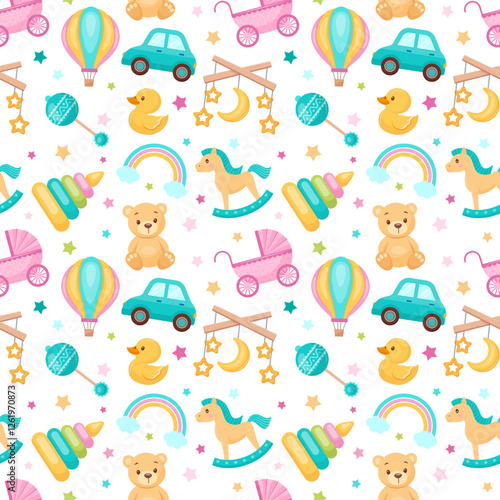 seamless pattern. baby toys, teddy bear, rocking horse, car, duck, balloons, and more. Perfect for baby products, nursery decor, or children's textiles.