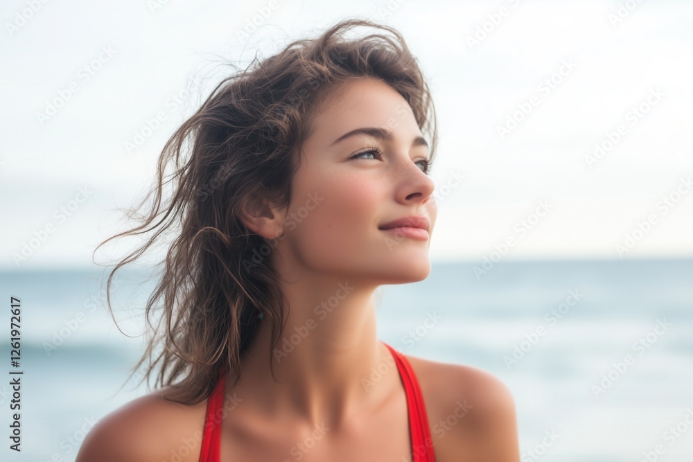 blonde woman in a red swimsuit looking to the side with soft smile, ocean in the background blonde woman in a red swimsuit looking to the side with soft smile, ocean in the background