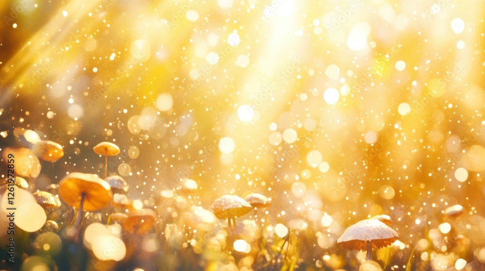 Naklejka premium Golden Hour Fungi: Enchanting scene of numerous mushrooms bathed in the warm, golden light of the setting sun. Sparkling bokeh and magical atmosphere.