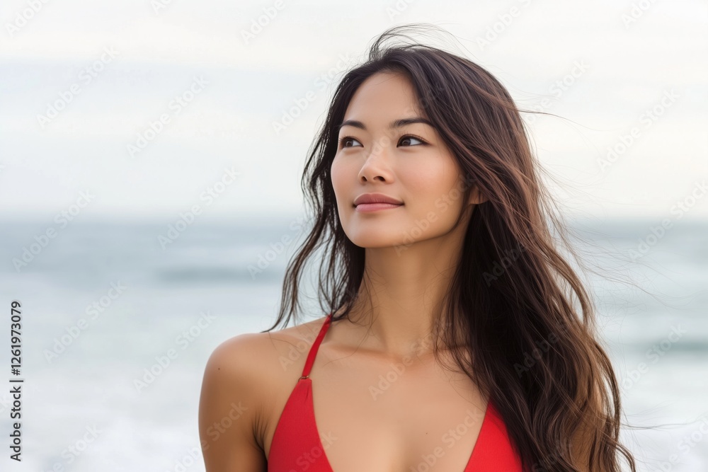 beautiful brunette woman with a soft smile, ocean in the background beautiful brunette woman with a soft smile, ocean in the background