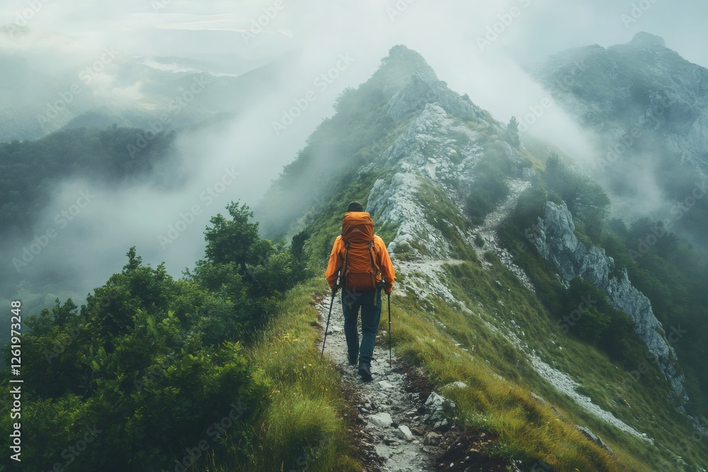 Obraz premium Hiker walking on mountain ridge in the fog enjoying breathtaking view