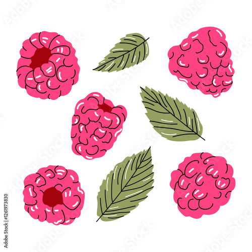 Hand drawn raspberry berries and green leaves on a white background. Bright and fresh botanical illustration in a doodle style. Perfect for packaging, prints, and textile design.
