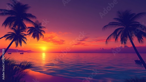 Vibrant Sunset Over Tropical Beach With Palm Trees