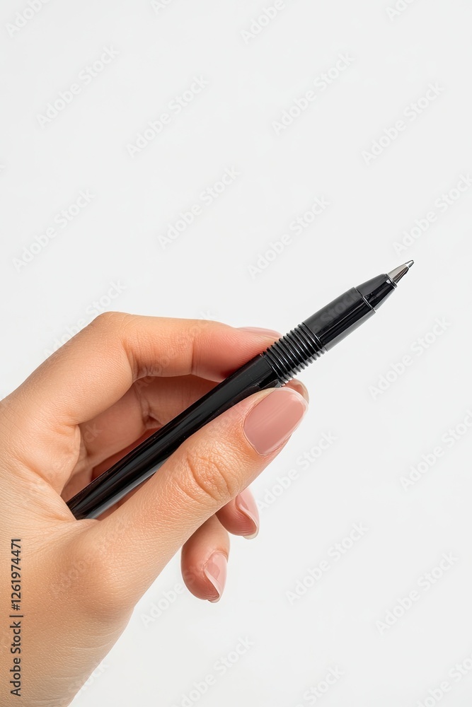 Hand holding black pen, white background, studio shot, writing concept Hand holding black pen, white background, studio shot, writing concept