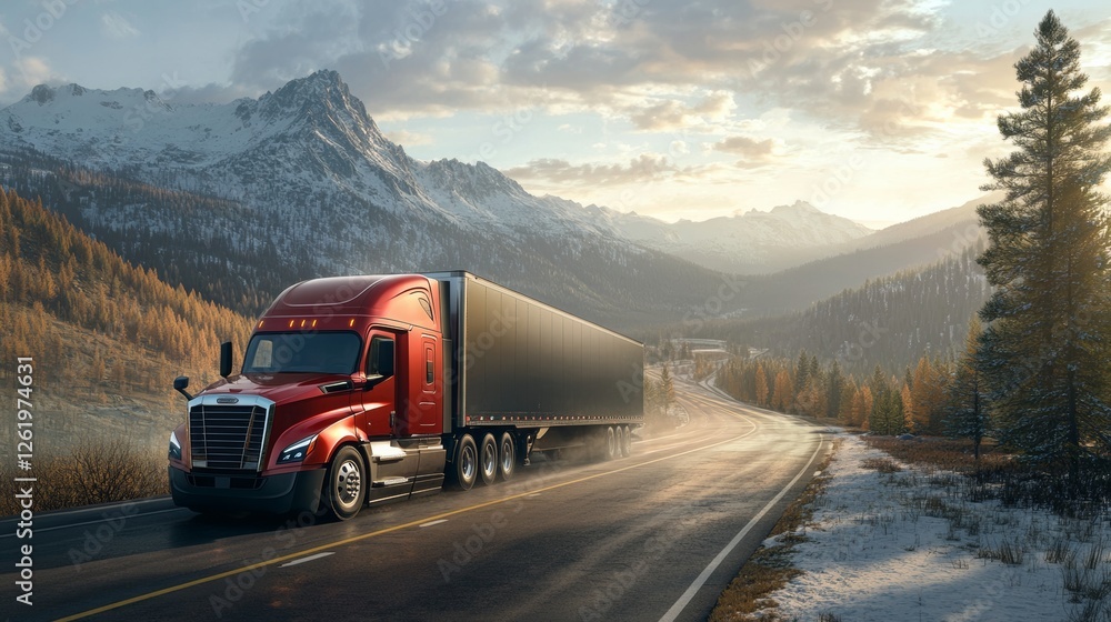 Obraz premium A dramatic shot of a long-distance truck on a scenic mountain road, symbolizing rural connectivity,
