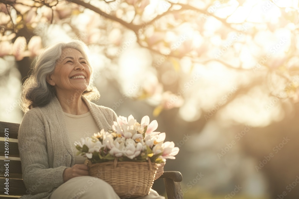 Smiling woman enjoys blooming magnolia flowers in warm sunlight,
