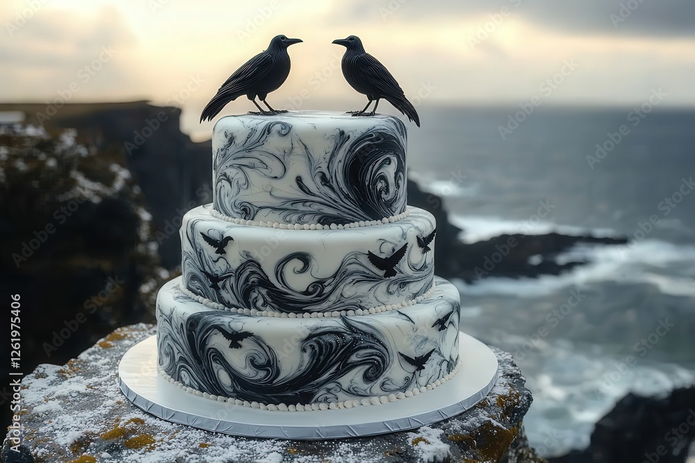 Fototapeta premium Elegant black and white cake with raven decorations by cliffside ocean view