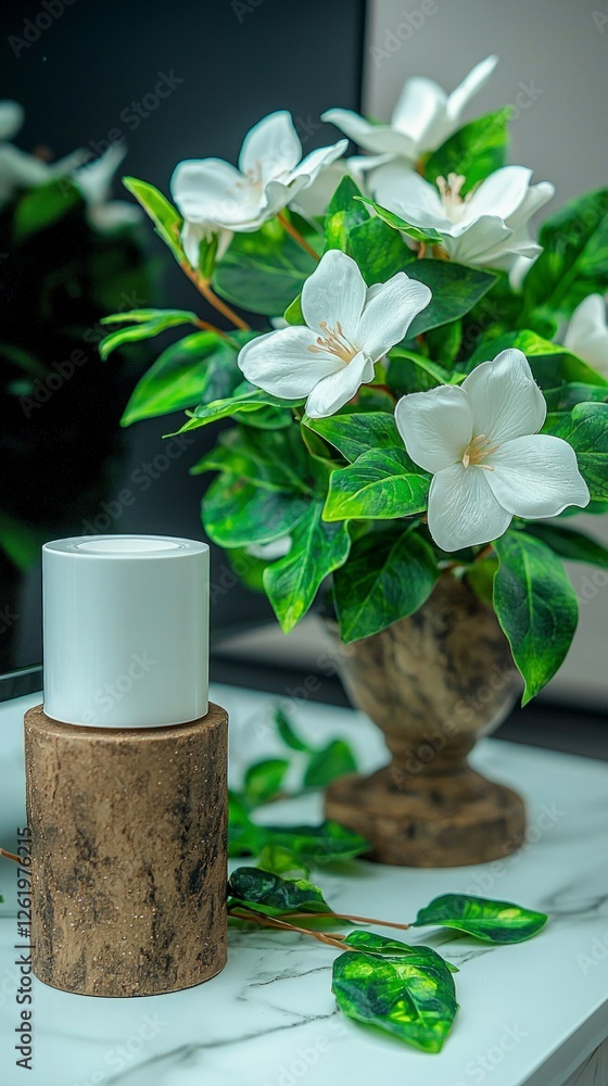 White Flowers in Brown Urn with White Candle on Marble Surface White Flowers in Brown Urn with White Candle on Marble Surface