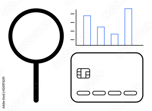 Magnifying glass beside a bar chart and credit card, suggesting scrutiny and evaluation of financial data. Ideal for finance, banking, security, analytics, business, investment data science. Line