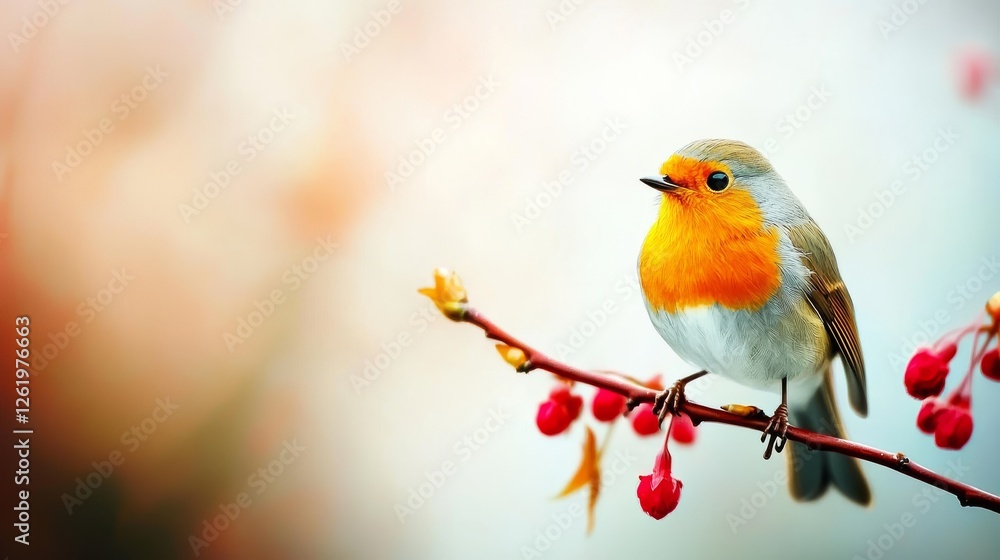 Beautiful spring landscape with cherry blossom flowers and a robin bird. Abstract floral background with soft morning sunlight and delicate pastel colors, symbolizing renewal and nature’s beauty. Beautiful spring landscape with cherry blossom flowers and a robin bird. Abstract floral background with soft morning sunlight and delicate pastel colors, symbolizing renewal and nature’s beauty.