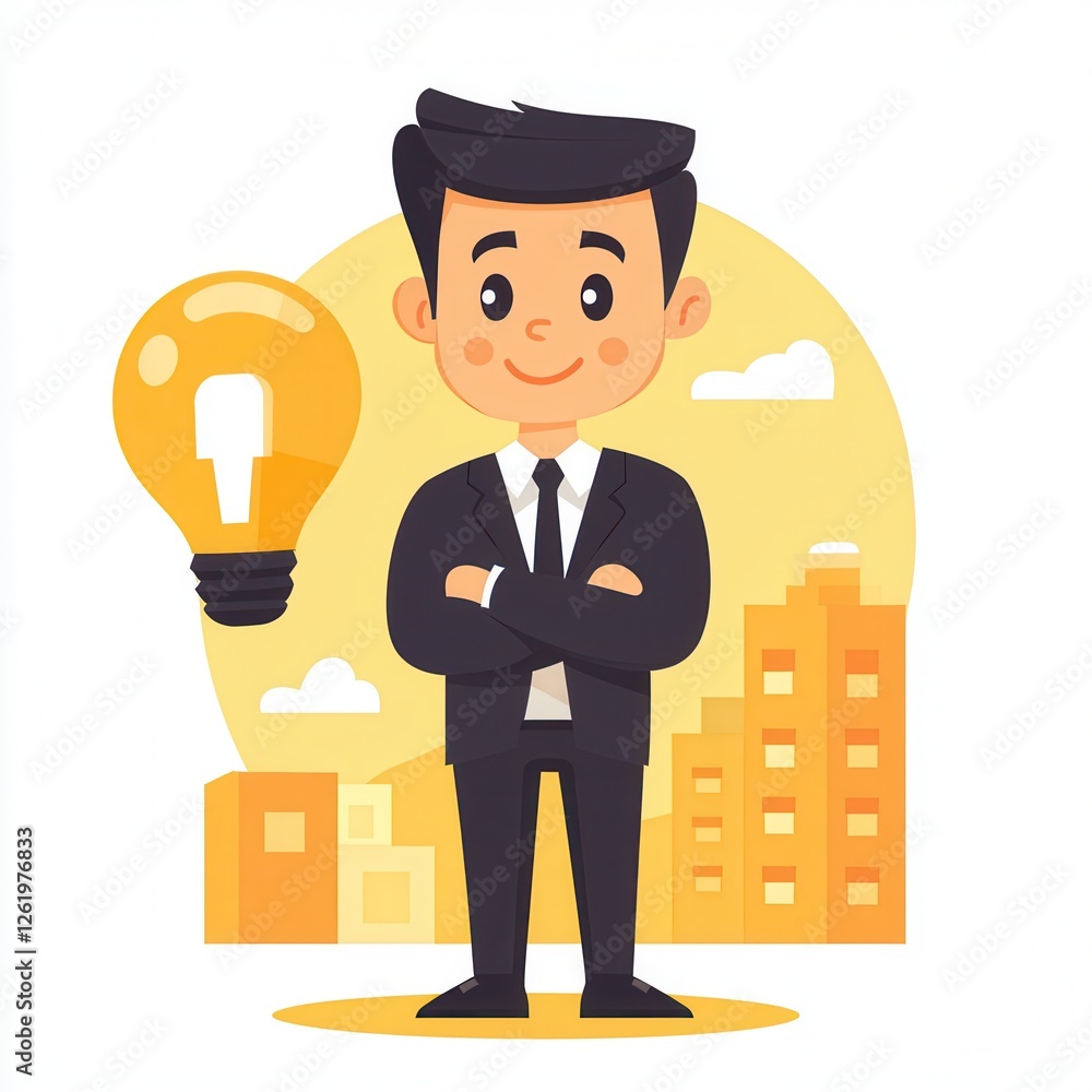 successful investor growth mindset concept. Confident businessman standing with a lightbulb and cityscape in the background. successful investor growth mindset concept. Confident businessman standing with a lightbulb and cityscape in the background.