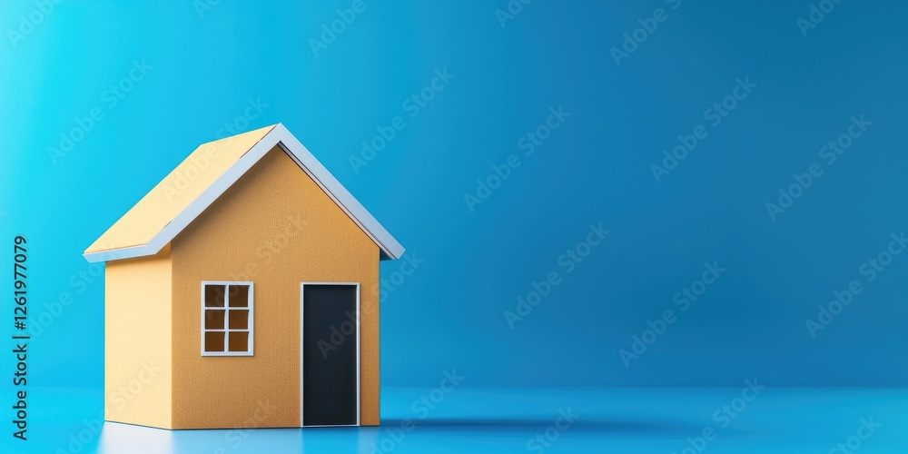 Small yellow house model on blue background. Small yellow house model on blue background.