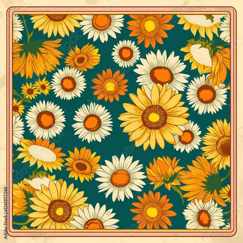 beautiful vibrant A retro floral pattern with daisies and sunflowers