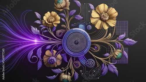 Futuristic floral digital artwork with gold