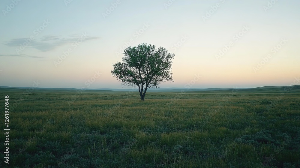 Obraz premium Lone Tree Stands in Vast Grassland at Sunset