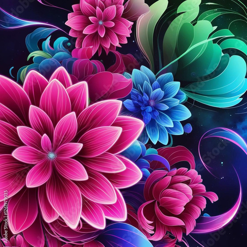 beautiful vibrant A sci-fi floral background with neon gradients and abstract shapes