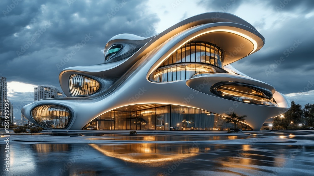 Obraz premium A futuristic building with innovative architecture, featuring smooth curves and bright lighting, reflecting in a calm water body under a dramatic sky.