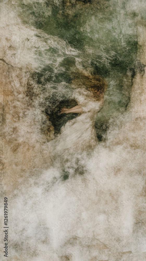 dreamy abstract painting of woman in flowing dress amidst swirling textures dreamy abstract painting of woman in flowing dress amidst swirling textures