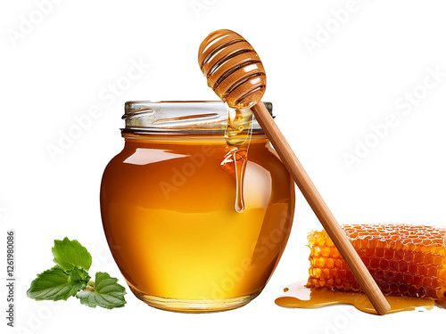 honey in a glass jar and honey dipper