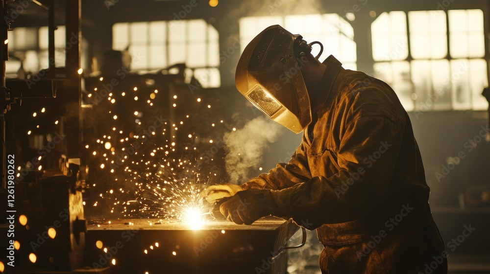 A welder in protective gear is busy working with a welding torch on a piece of metal, creating sparks and fusing the materials together A welder in protective gear is busy working with a welding torch on a piece of metal, creating sparks and fusing the materials together