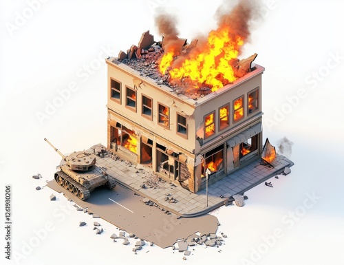 Warzone Devastation: A Tank and Burning Building photo