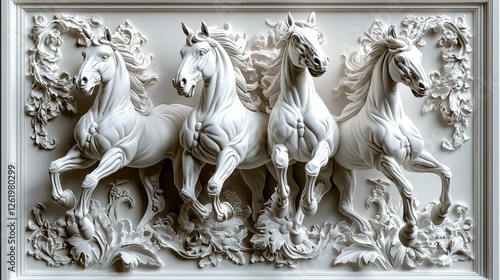 Majestic White Horses Bas-Relief Sculpture: Elegant Equine Art, Intricate Floral Frame, Museum-Quality Wall Decor photo