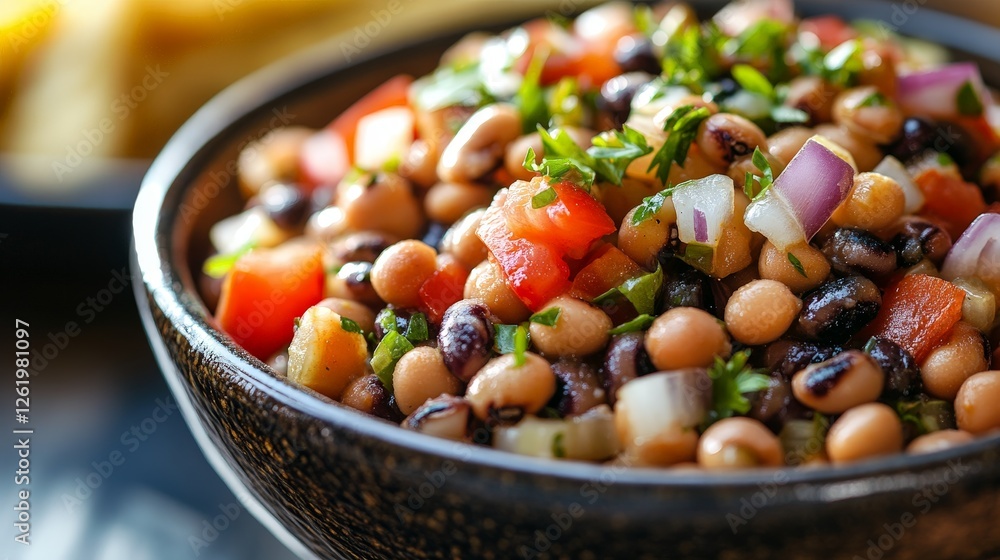 A colorful bean salad with fresh vegetables and herbs in a bowl. A colorful bean salad with fresh vegetables and herbs in a bowl.