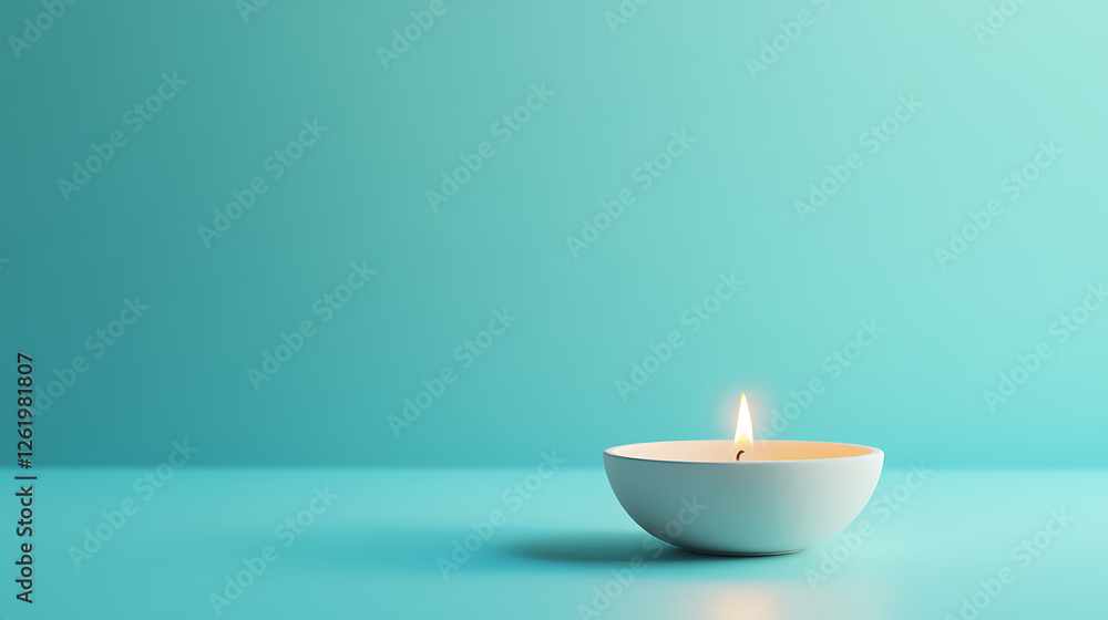 A Burning White Candle on a Soft Blue Surface A Burning White Candle on a Soft Blue Surface