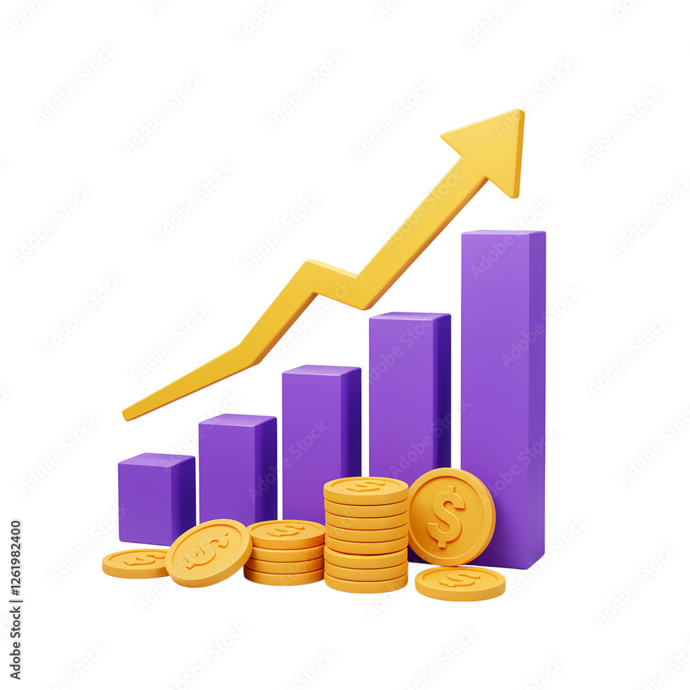3D illustration of a financial growth chart with gold coins. 3D illustration of a financial growth chart with gold coins.
