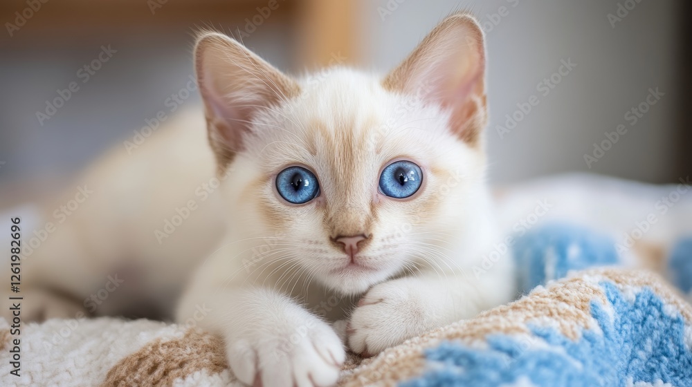 Fototapeta premium Adorable White Kitten with Blue Eyes Relaxing on Cozy Blanket