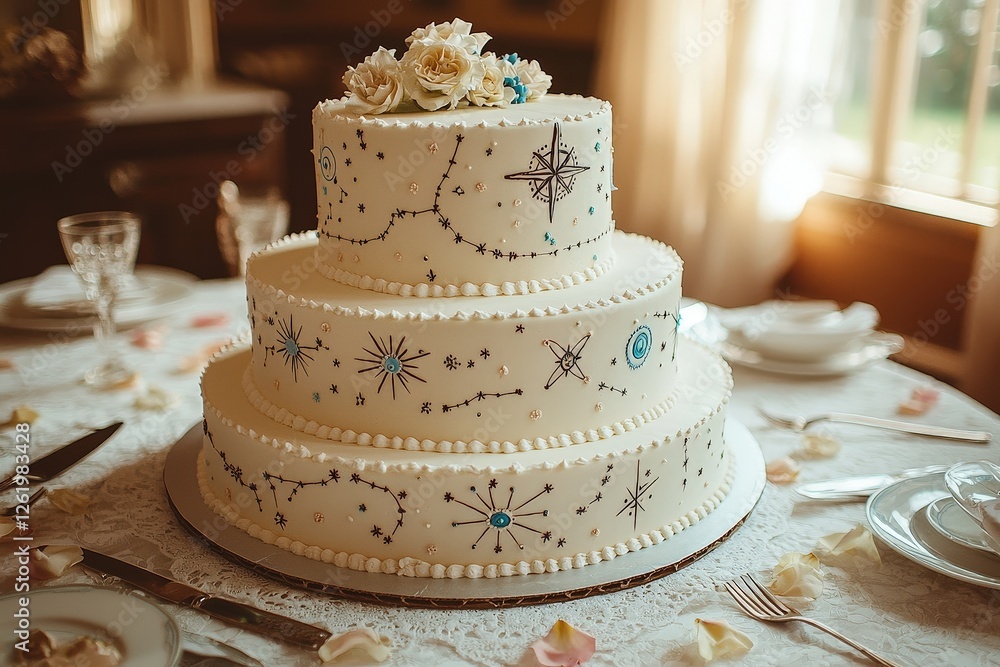 Celestial-themed wedding cake with star and constellation designs on lace table setting Celestial-themed wedding cake with star and constellation designs on lace table setting