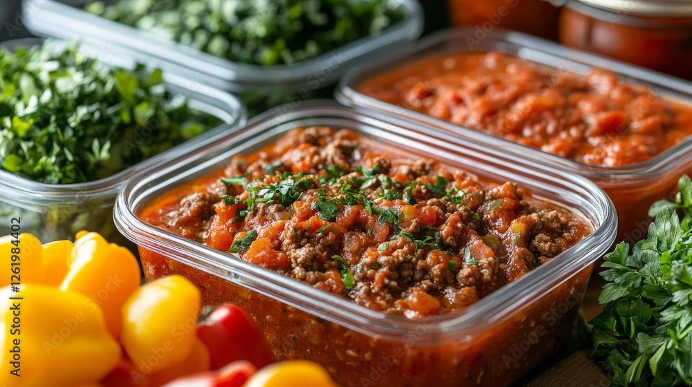 A colorful display of meal prep with containers of chili, fresh herbs, and bell peppers. A colorful display of meal prep with containers of chili, fresh herbs, and bell peppers.