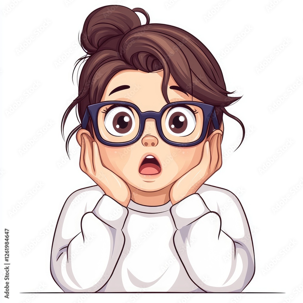 A surprised girl with glasses and her hands on her cheeks. A surprised girl with glasses and her hands on her cheeks.