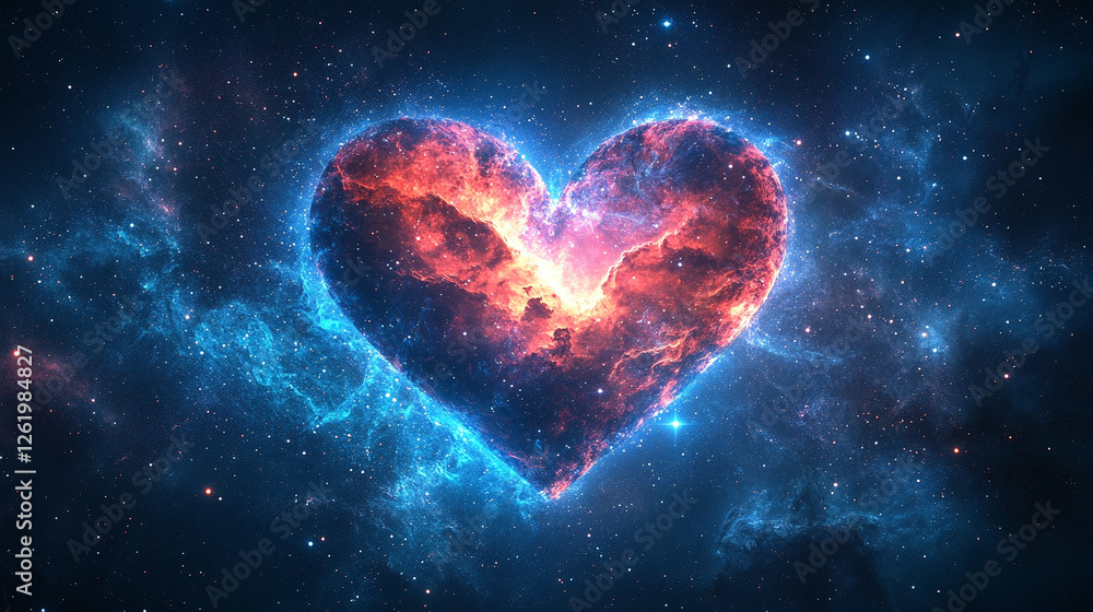 A heart-shaped nebula in deep space, surrounded by stars and cosmic dust, with no sunlight visible. The vivid celestial scene captures chaos and cosmic beauty, offering space for text A heart-shaped nebula in deep space, surrounded by stars and cosmic dust, with no sunlight visible. The vivid celestial scene captures chaos and cosmic beauty, offering space for text