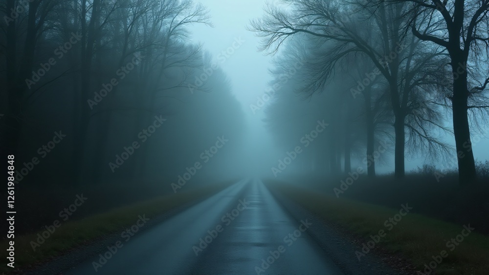 A mysterious rural road lined with trees and fog, disappearing into the mist, creating a quiet and introspective atmosphere.