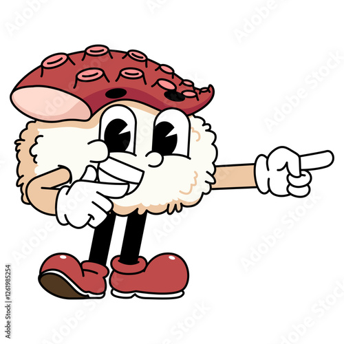 Retro sushi mascot logo, octopus sushi pointing with right hand