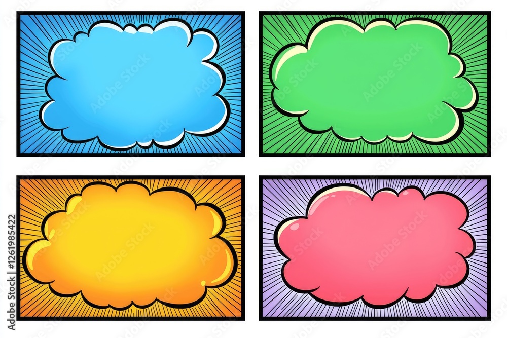 Fototapeta premium Four colorful comic book speech bubbles with blank space for text, set against contrasting backgrounds.