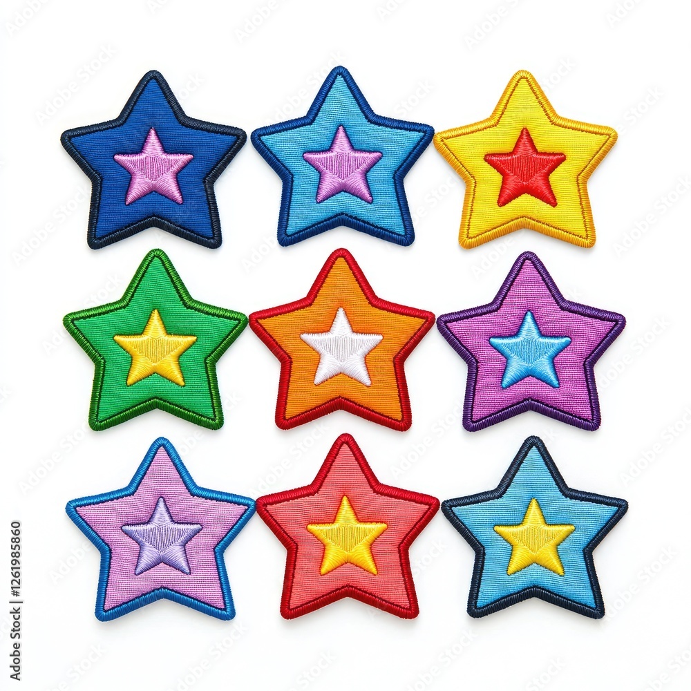 Nine colorful star-shaped patches with a smaller star inside, arranged in a grid on a white background. Nine colorful star-shaped patches with a smaller star inside, arranged in a grid on a white background.