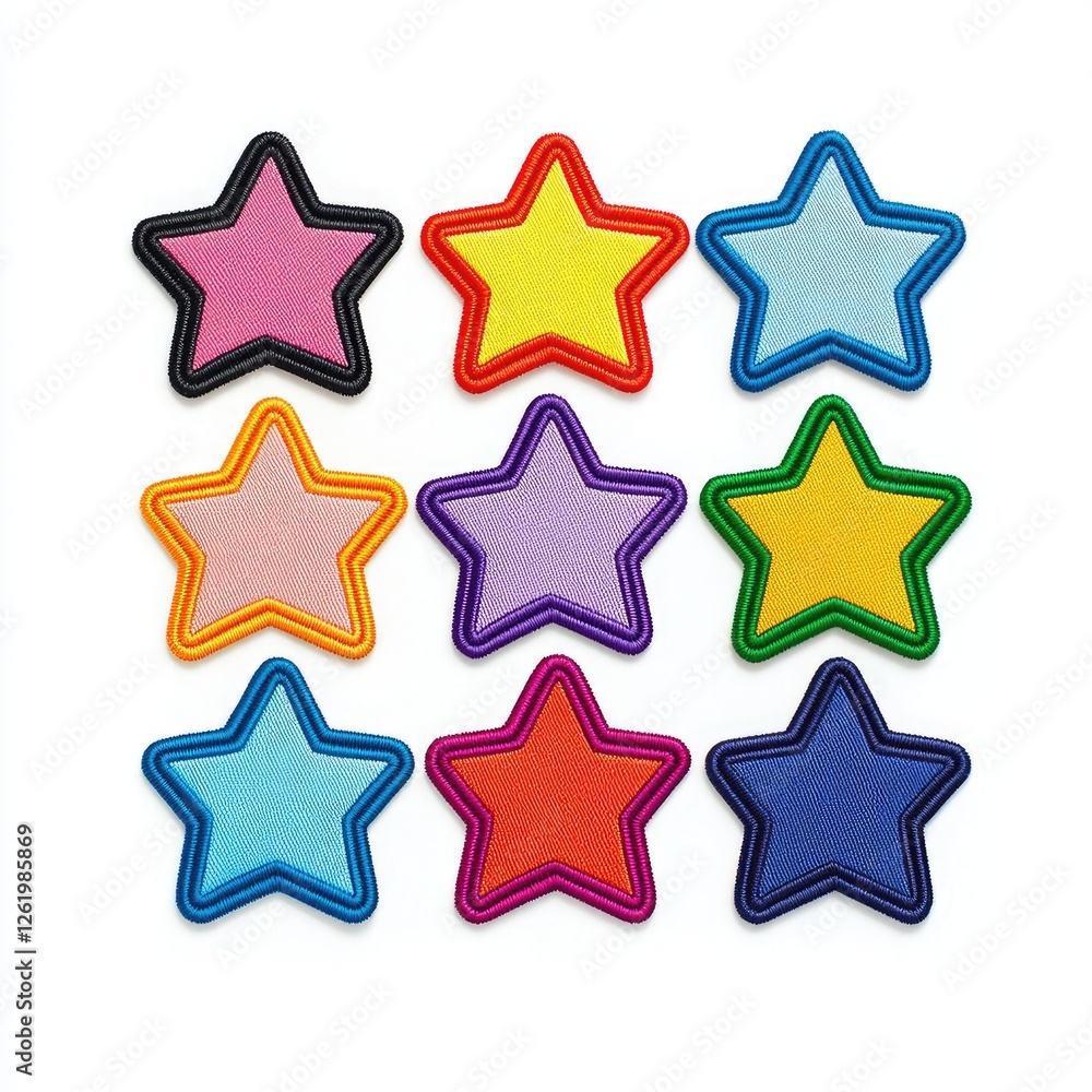 Nine colorful star-shaped patches arranged in a grid on a white background. Each star has a contrasting border. Nine colorful star-shaped patches arranged in a grid on a white background. Each star has a contrasting border.