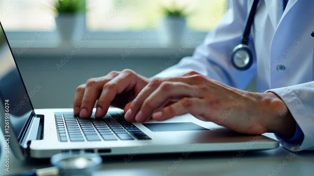 A uniformed male doctor or nurse with a stethoscope works by typing patient appointment information from a paper medical history into a laptop computer to record report data. A uniformed male doctor or nurse with a stethoscope works by typing patient appointment information from a paper medical history into a laptop computer to record report data.