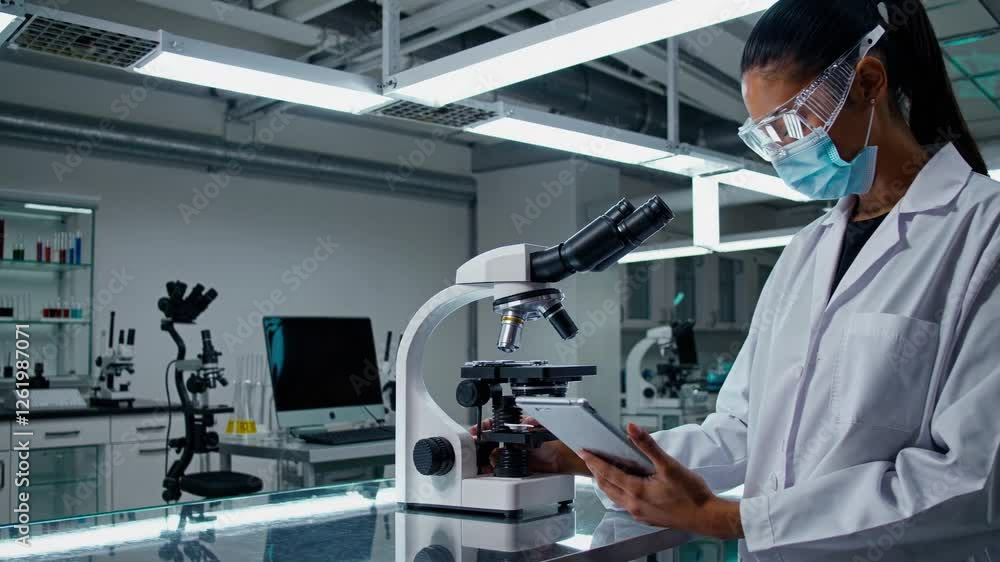 Scientist Woman in a Lab Using a Microscope and Tablet Scientist Woman in a Lab Using a Microscope and Tablet
