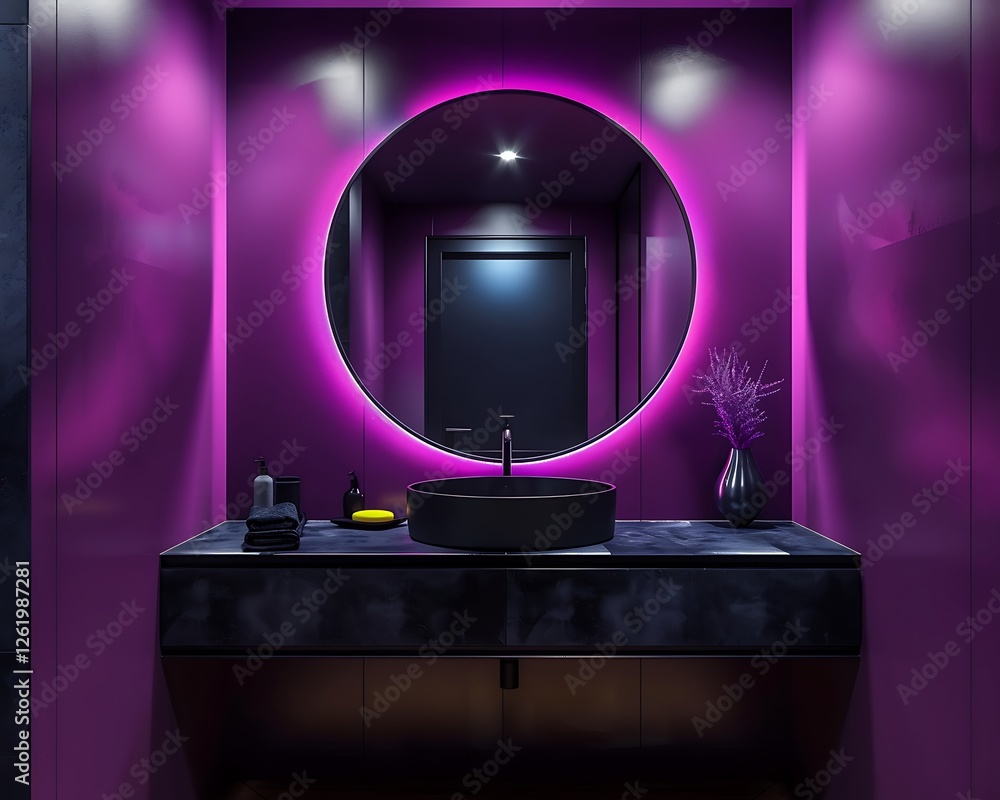 Bathroom with purple and black colors, neon lights, round mirror, modern mimalist design, high resolution,