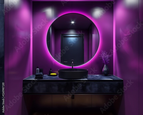 Obraz na płótnie Bathroom with purple and black colors, neon lights, round mirror, modern mimalist design, high resolution, w salonie
