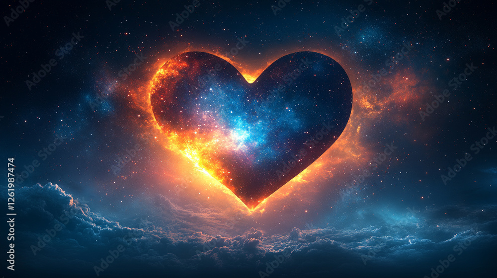 A heart-shaped nebula in deep space, surrounded by stars and cosmic dust, with no sunlight visible. The vivid celestial scene captures chaos and cosmic beauty, offering space for text A heart-shaped nebula in deep space, surrounded by stars and cosmic dust, with no sunlight visible. The vivid celestial scene captures chaos and cosmic beauty, offering space for text