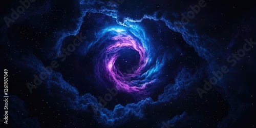 Cosmic swirl nebula with vibrant blue and purple hues surrounded by dark clouds and stars.