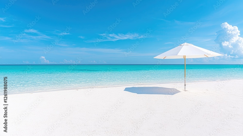 Tropical beach umbrella, turquoise ocean, white sand, sunny sky, travel vacation Tropical beach umbrella, turquoise ocean, white sand, sunny sky, travel vacation