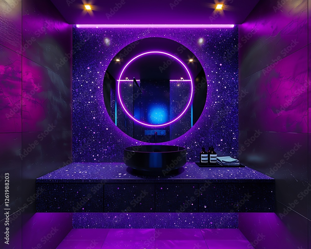 Bathroom with purple and black colors, neon lights, round mirror, modern mimalist design, high resolution,